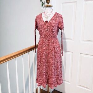 Red Floral Calico Summer Midi Dress Prairie Button Front Linen Blend Pockets